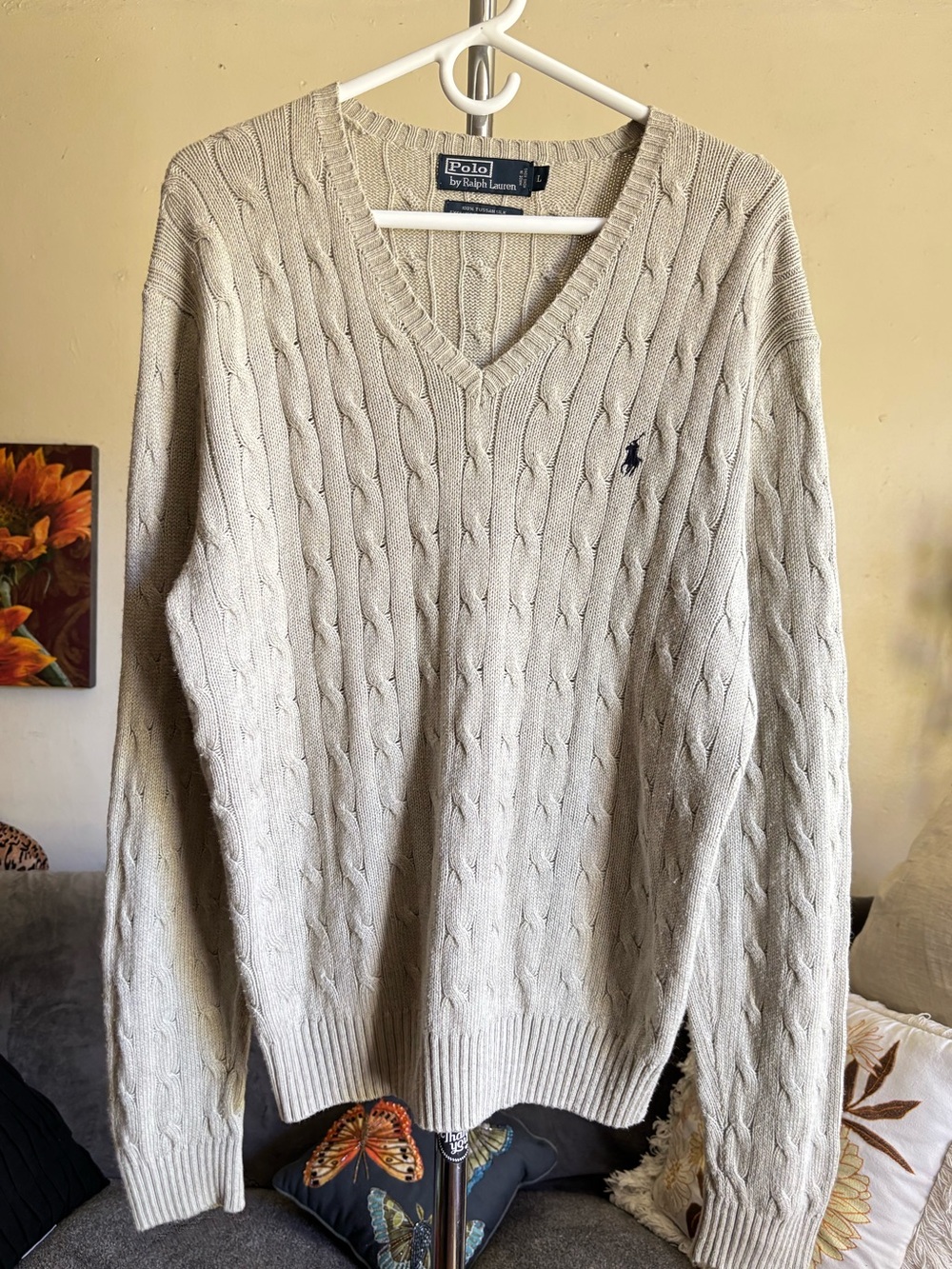 VTG Polo Ralph Lauren Preppy Cable Knit Sweater 100% Tussah Silk V-Neck Men’s L